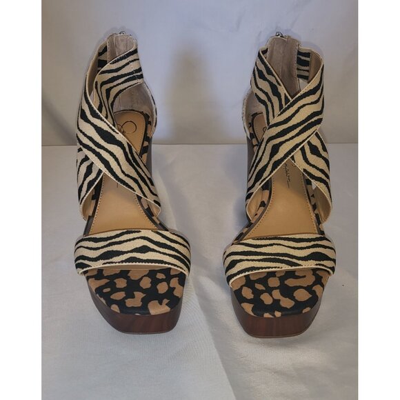 Jessica Simpson Zebra Strapped Platform Wedges Size 7M Faux Wood Sole NWOBox - Picture 1 of 5